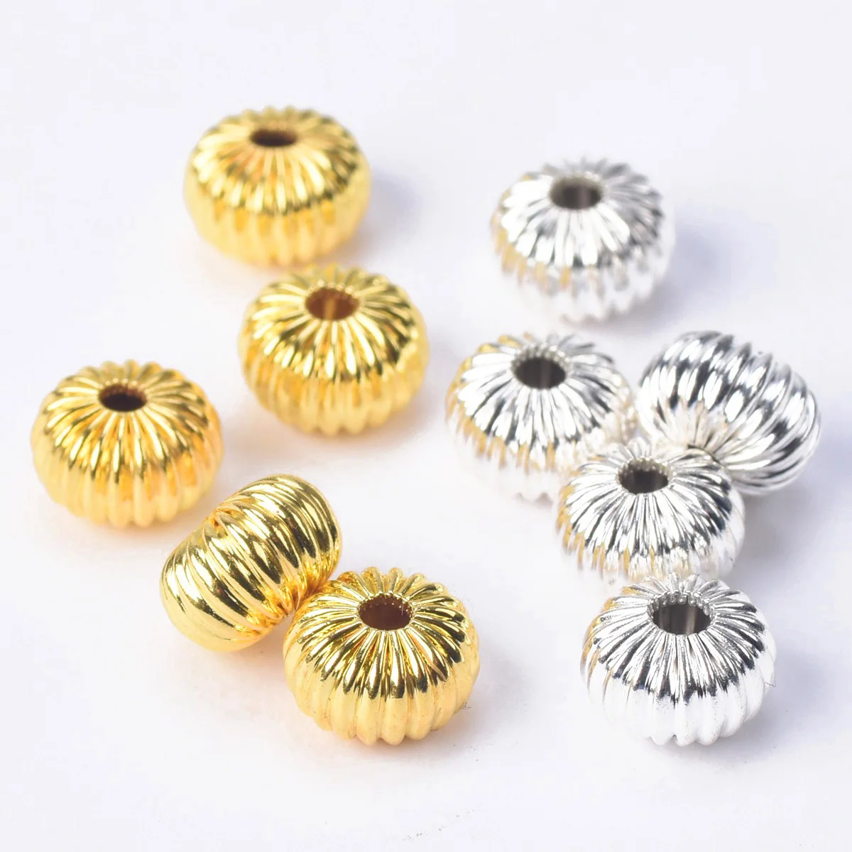 Plated Gold Color Silver Color Rondelle 8x6mm 10x6mm Hollow Plicated Metal Brass Loose Spacer Beads For Jewelry Making DIY