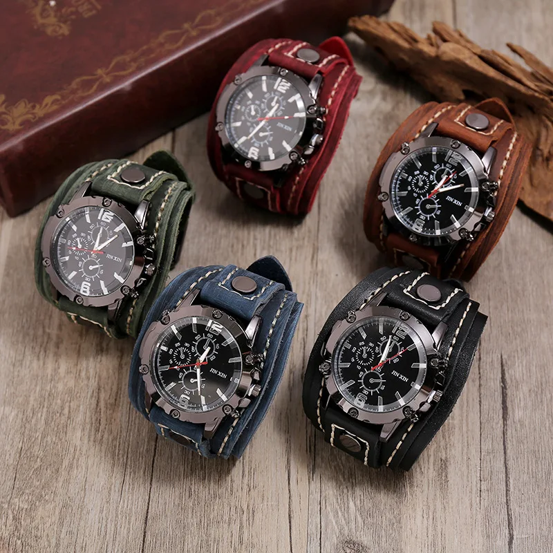 Relojes de cuarzo para hombre, reloj de pulsera de lujo 2024, correa de reloj de piel de vaca, reloj de estilo Punk para hombre, pulseras anchas de cuero genuino, joyería