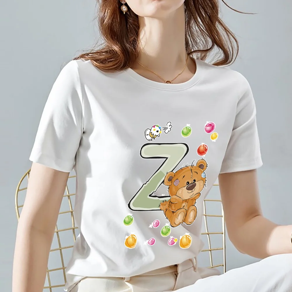 

Hot Sale T-shirt Women's 26 English Cartoon Bear Z Letter White Name Beginning with Cute Print O-neck Top Casual Slim Clothing