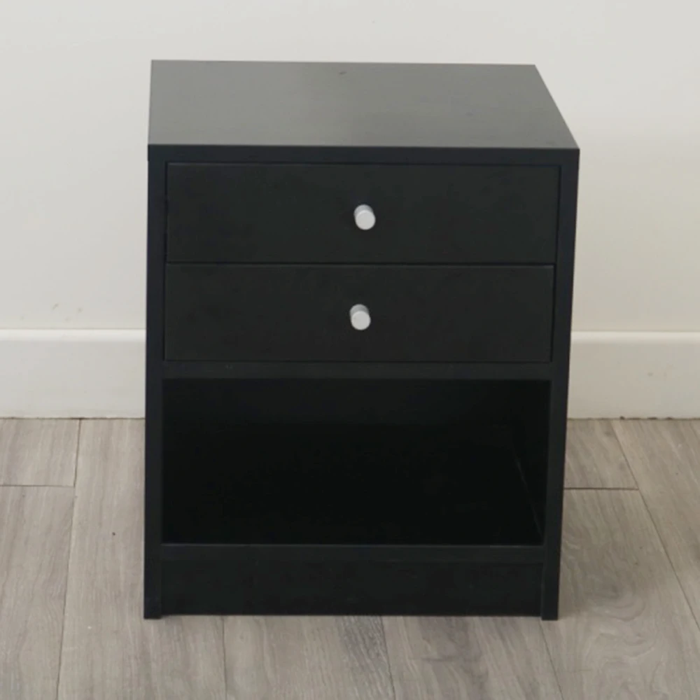 Bedside Cabinet Nightstand Side End Table with Two Round Handle Drawer Black 40x36x47CM[US Warehouse]