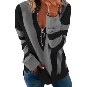 Frauenbluse Langstreife Schlaf mit V -Neck, Hemden mit Reißverschluss, losen Tops, weibliches T -Shirt, Straßenkleidung, Herbst- und Wintermode 12 Hauptverkaufsbluse Reißverschluss - №5