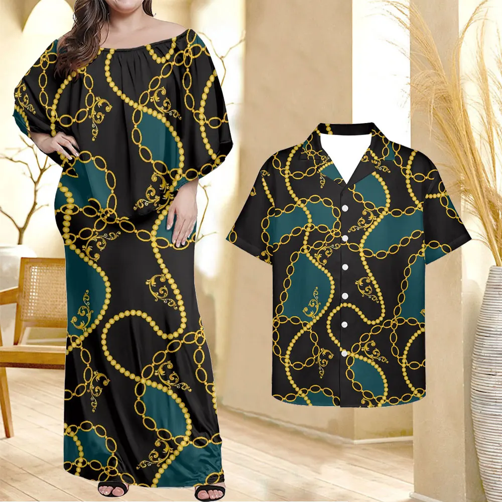 Noisydesigns Women's Summer Dress With Men Shirt Gold Flower Robe Vestidos Sexys Mujer Female Luxury Chain Print 4XL Dropship