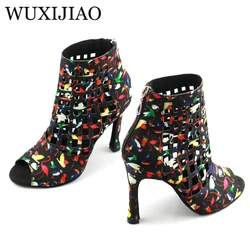 WUXIJIAO-zapatos de baile latino de malla láser Tricolor para mujer, calzado de salón, Vals, tacones altos