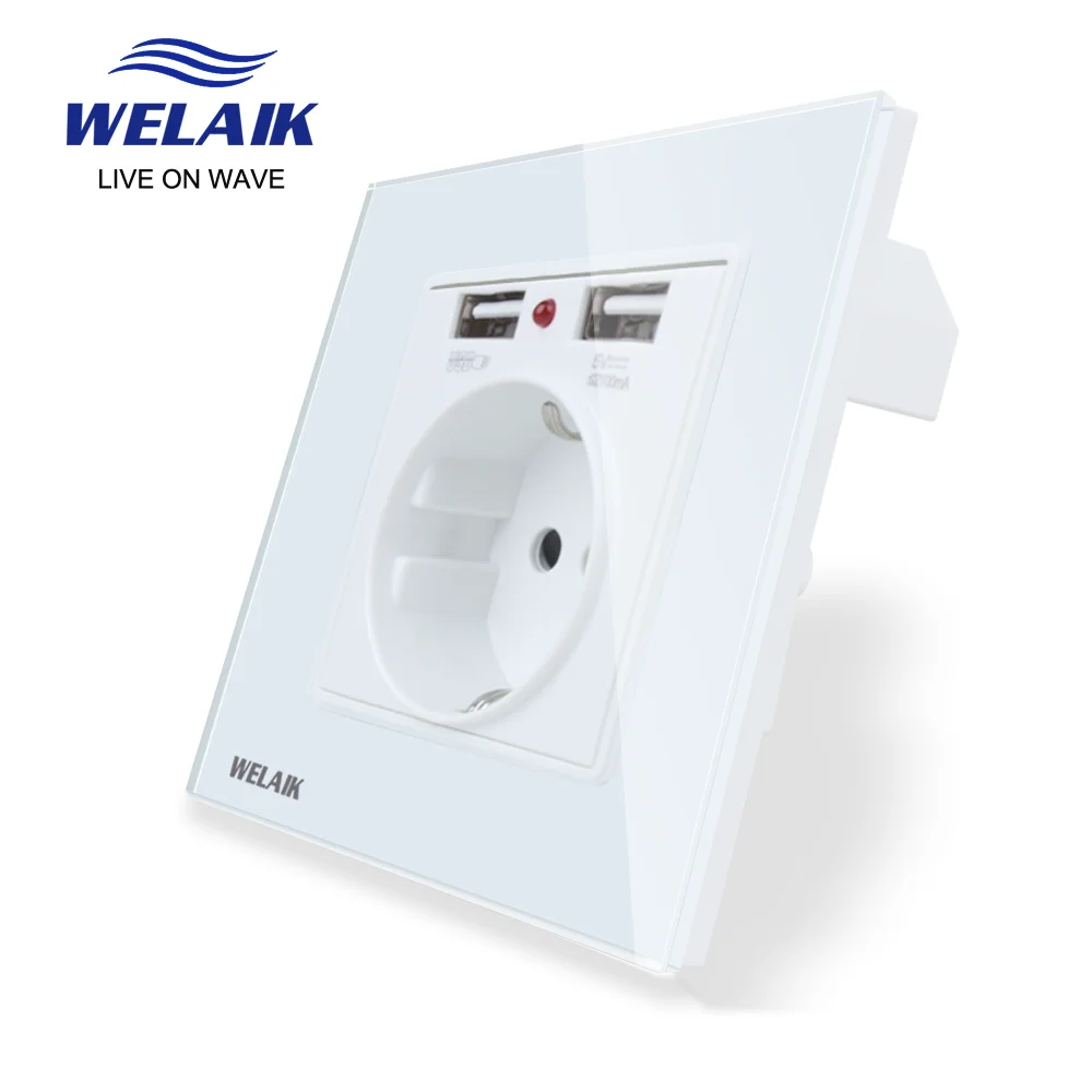 WELAIK Tempering-Glass-Panel EU Wall-Power Socket-and 2USB Power-Socket  UK-Standard B18E2USW