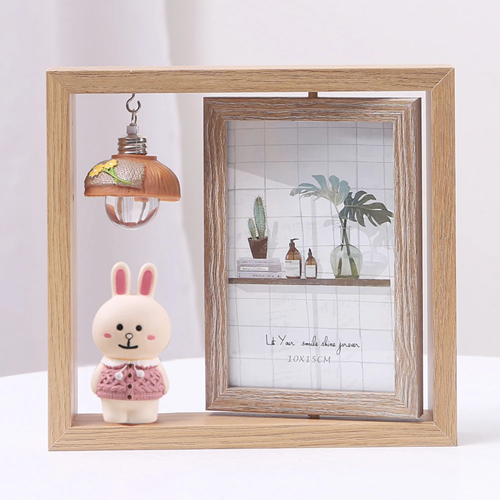 Photo frame creative Nordic photo frame set-up double-sided rotating wooden photo frame with light cartoon pig