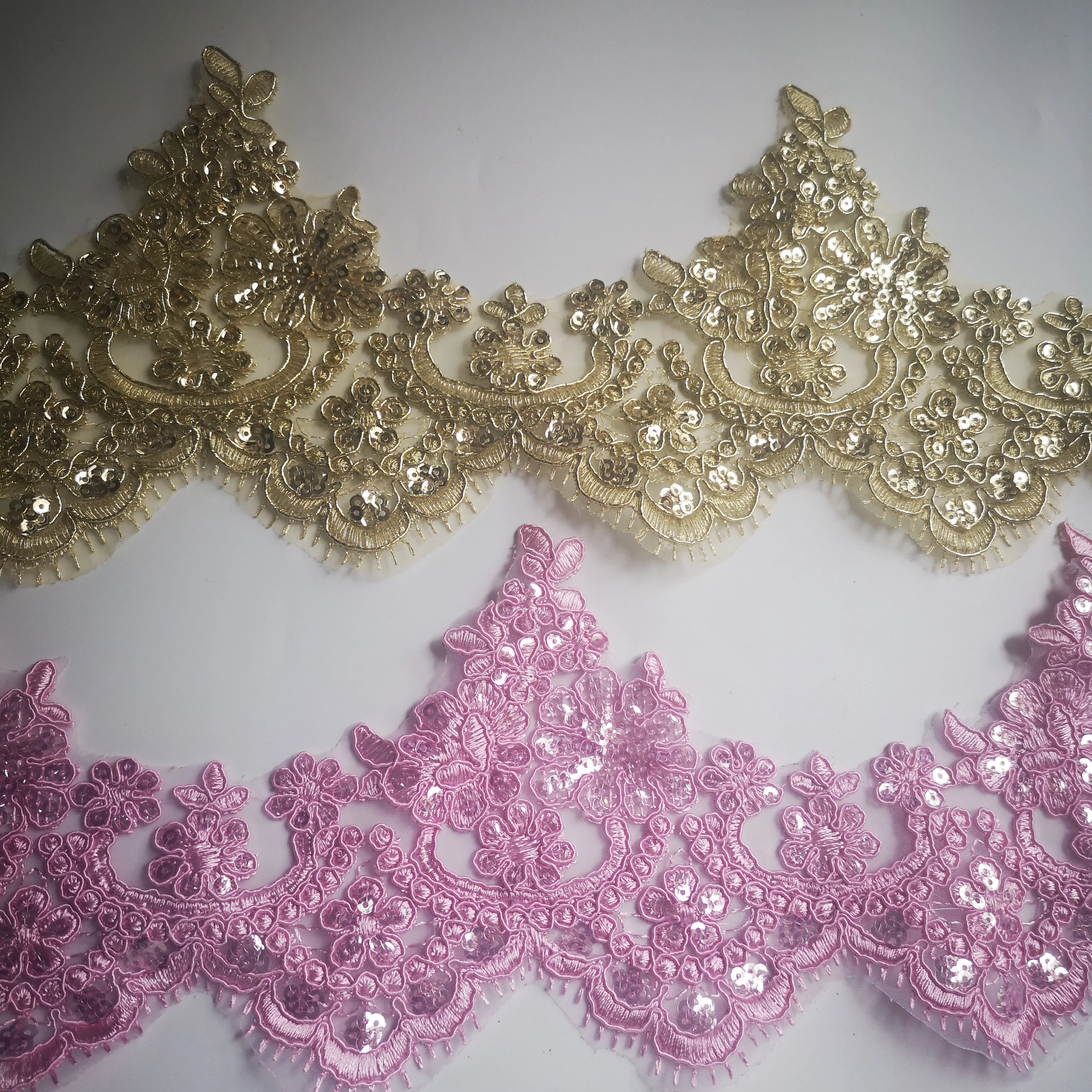 1Yard 14cm wide Pink Gold Embroidery Sequin Lace Trim for Bridal Wedding Gown Costume Design Lace Mesh DIY Decoration