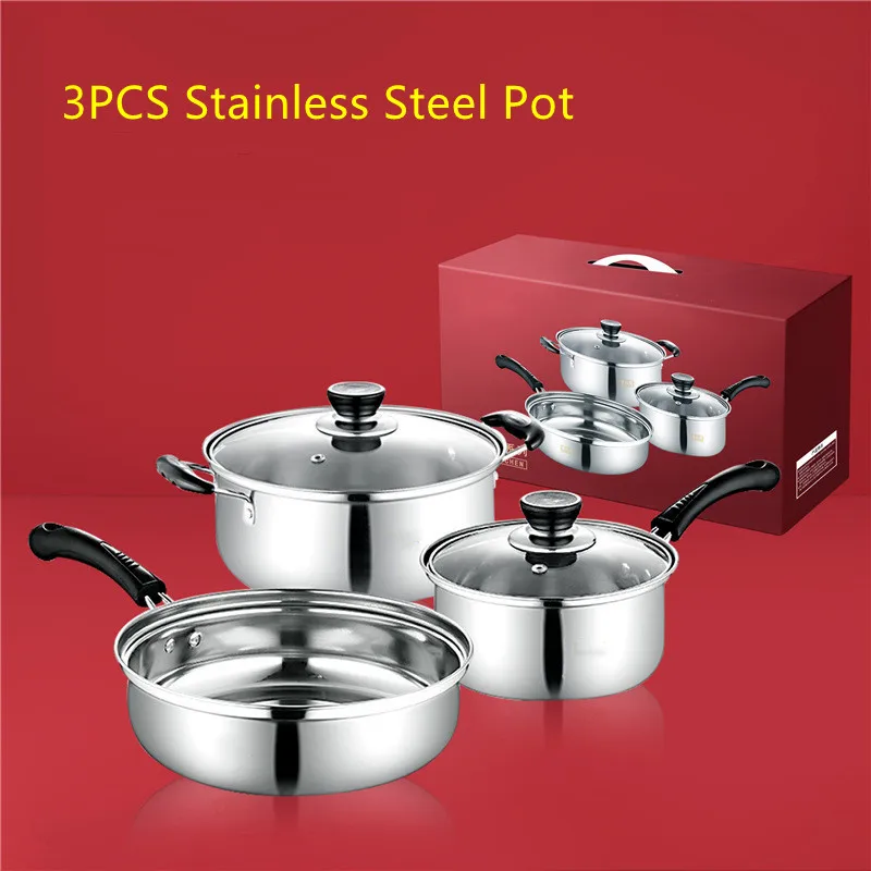 

3PCS Stainless Steel Pot Frying Pans Set Pressure Cooker Braised Cooking/Milk Pot Steamer Pot Stew/Soup Pot Kitchen Cookware