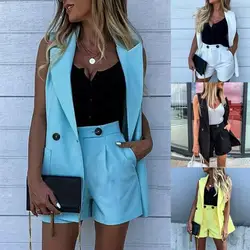 Women Suit Set Solid Color Wide Leg Spring Summer Lapel Buttons Vest Pockets Shorts for Office