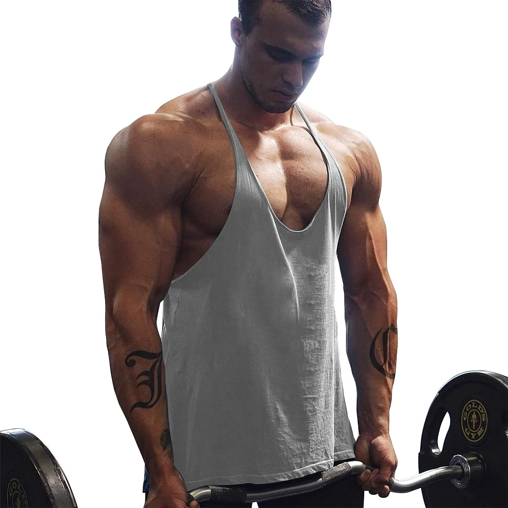 Men\'s Gym Workout Bodybuilding Cotton Tank Tops Y Back Fitness Thin Shoulder Strap Muscle Fit Stringer Sleeveless Shirt