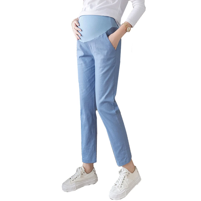 

9/10 Length Women Pregnancy Trousers Thin Cotton Linen Maternity Pants Casual Belly Pants Clothes for Pregnant Women Clothes