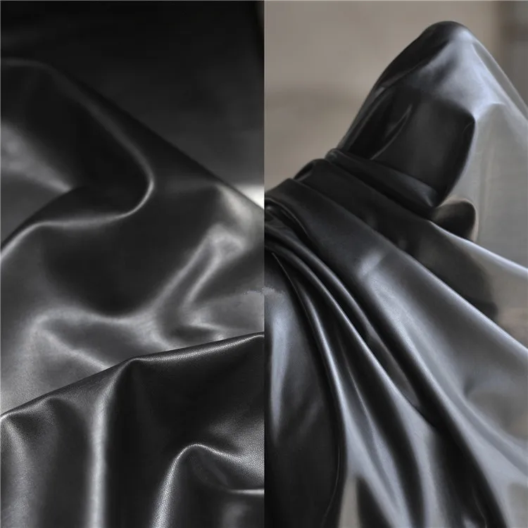 Dark Black Matte High Stretch Knitted Imitation Leather Fabric-matte Lambskin Style Four-sided Stretch PU Fabric