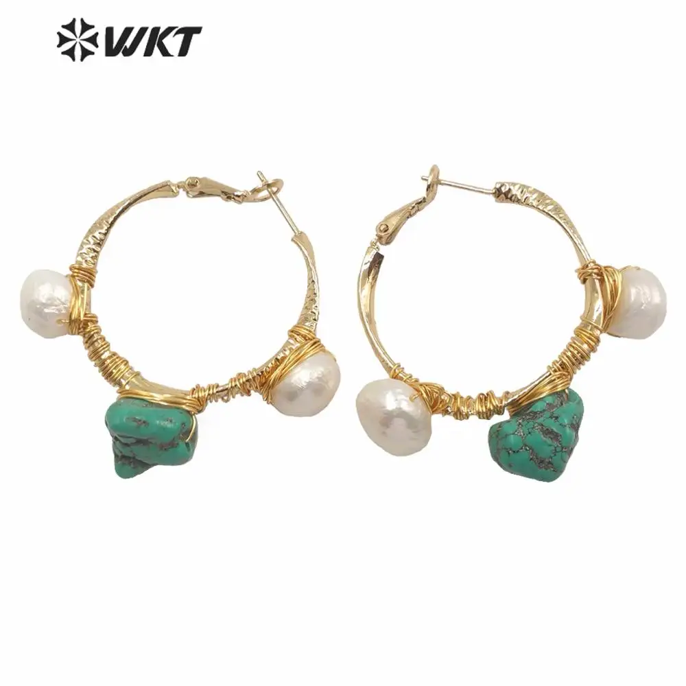 WT-MPE029 Fashion gold hand make wire wrapped tur quoise stone push back earrings big round hoop clasp earrings for fashion part