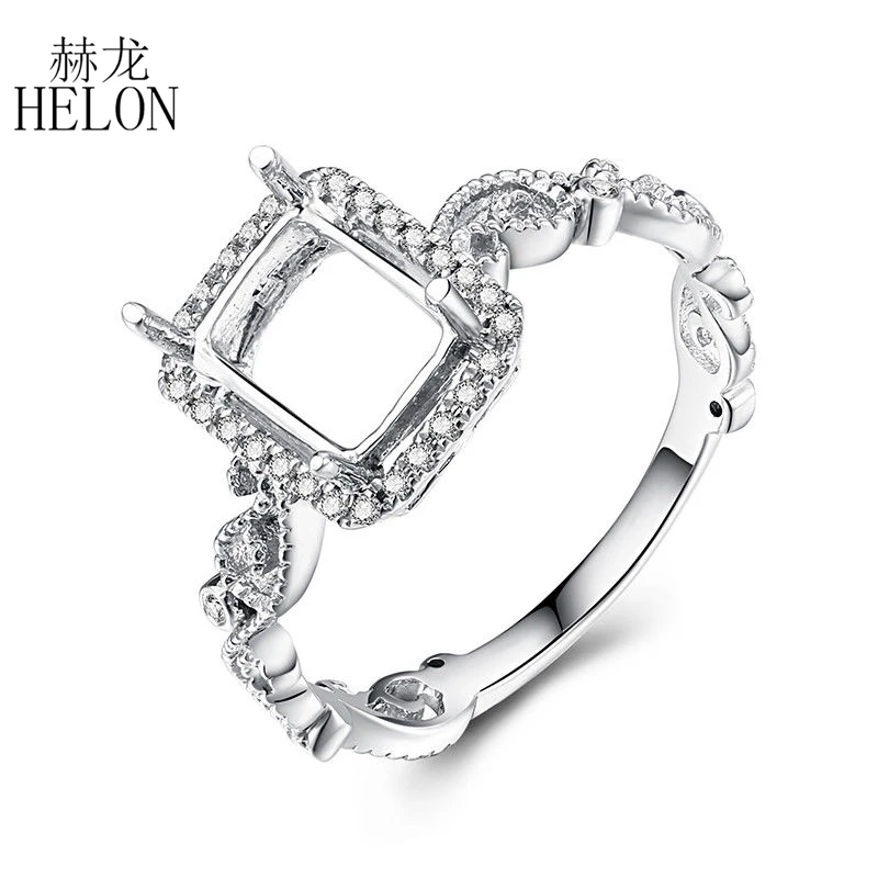 HELON Solid 10k White Gold Genuine Natural Diamonds Vintage Fine Jewelry Semi Mount Ring Setting Fit Cushion/ Emerald cut 8x6mm