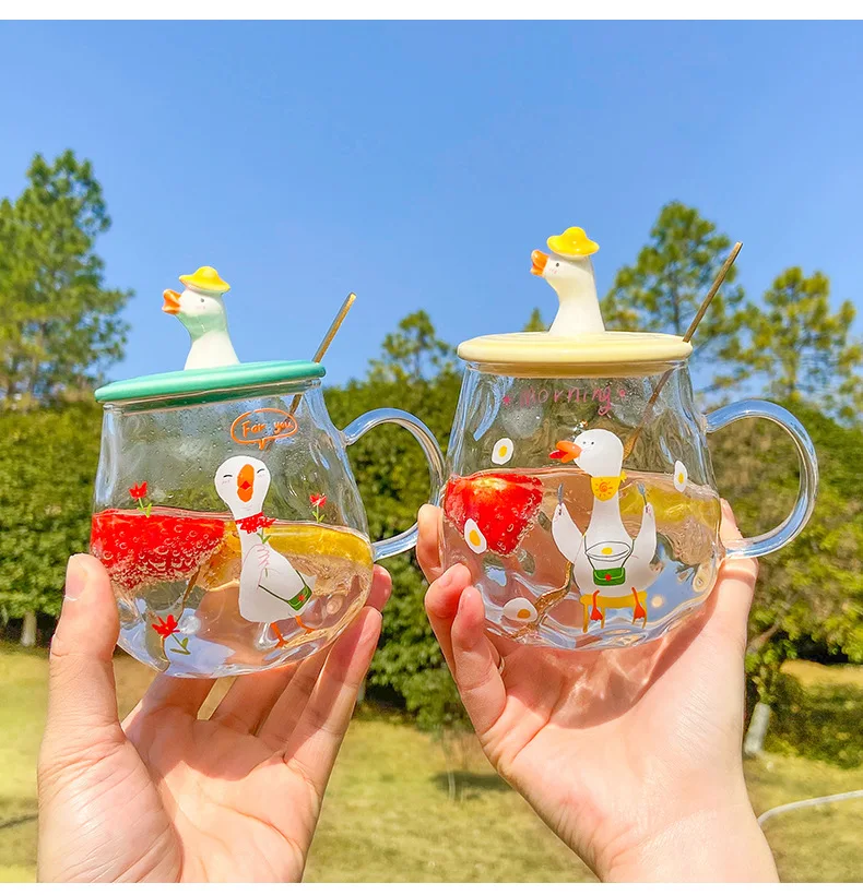 Cartoon cute cheering duck glass high borosilicate office creative tea cup restaurant coffee mark cup