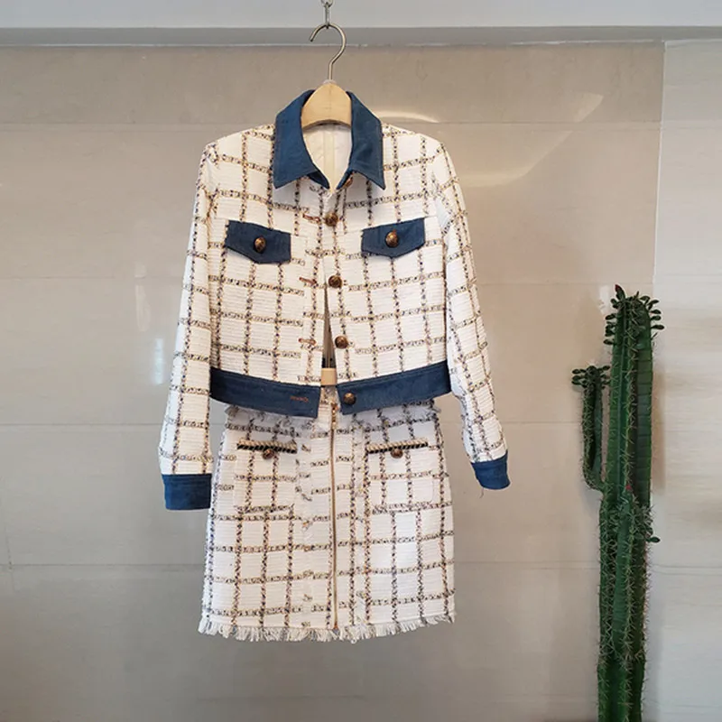 

2023 Spring Women Long Sleeve Plaid Jacket + Skirts 2 Pieces Set