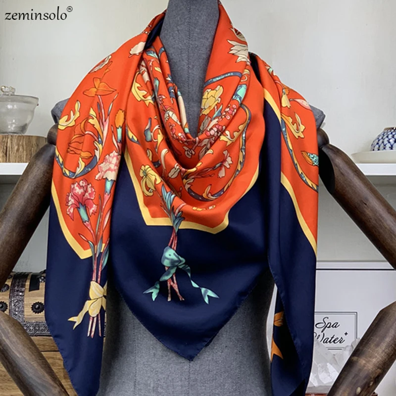 Square Scarf 130*130cm Twill 100% Silk Scarf Women Luxury Brand Floral Print Kerchief Scarves For Ladies Echarpe Fashion Shawls