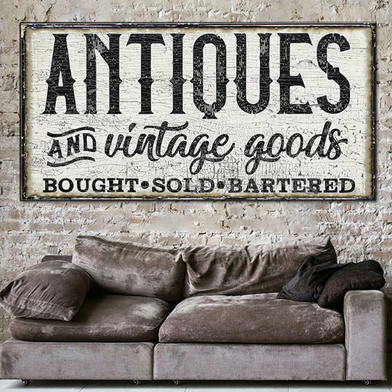 

Retro Antiques And Vintage Goods Sign Canvas Painting Wall Art Old Time Signs Poster Prints For Living Room Farmhouse Home Decor