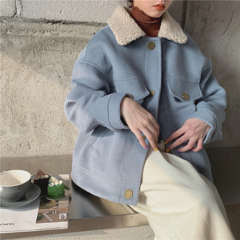 LMQ NEW Winter Women Parkas Lamb Wool Lapel Thick Warm Padded Coat Female Solid Chic 2020 Casual Long Sleeved Tops Loose Jacket