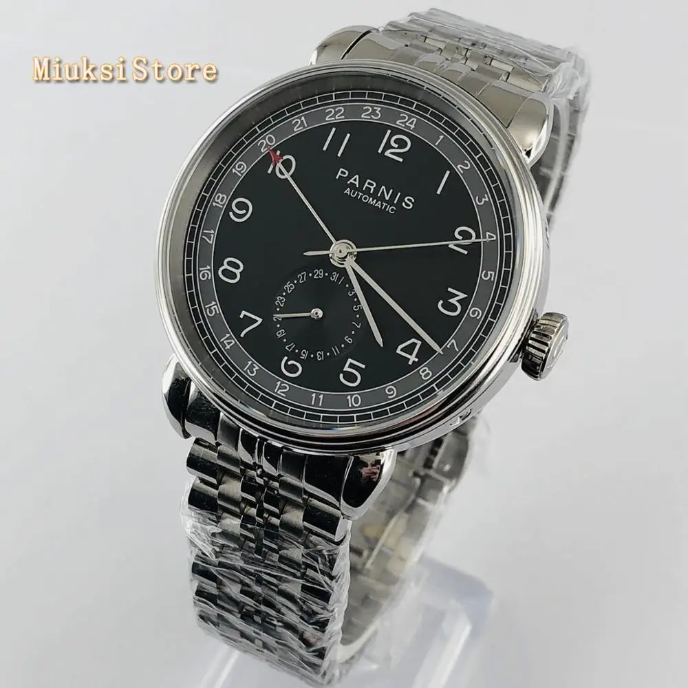 Parnis 2019 new top mens automatic mechanical watch 42mm silver case black dial GMT arab mark date window  mens watches