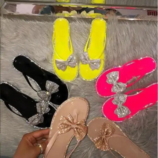 2024 flat sandals ms Spring/summer new large size flip flops women bow knot rhinestones outdoor leisure beach slippers 36-42