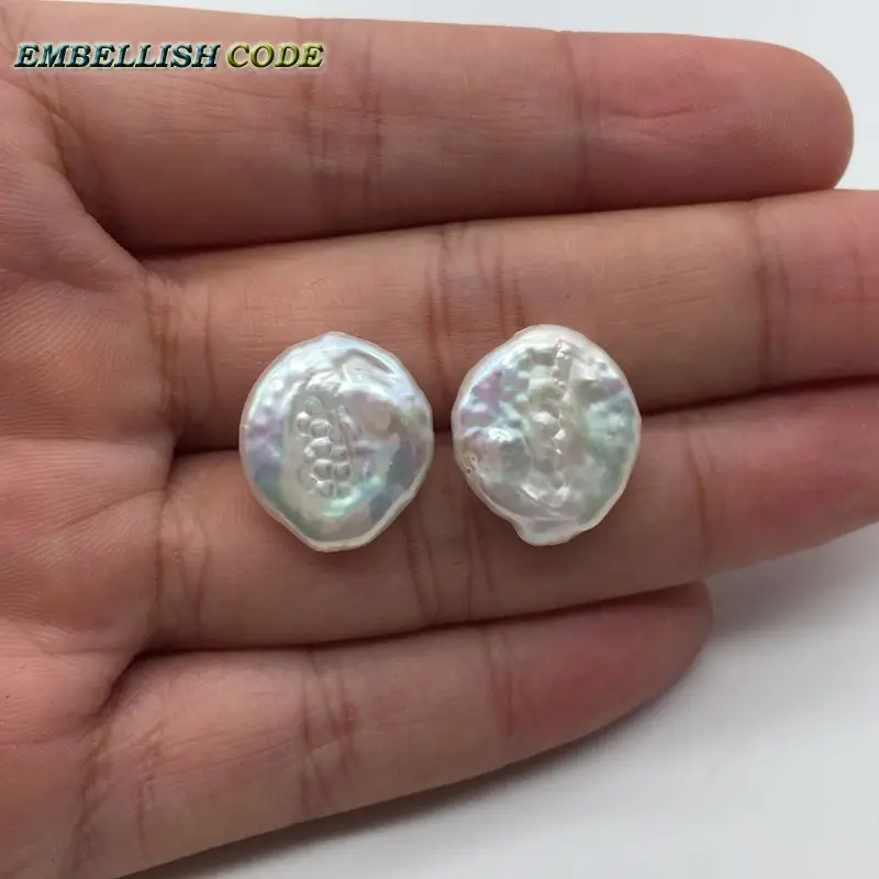 17mm Stud Earring Simple Tissue Nucleated White Color Freshwater Pearls Flat Nearround Coin Jewelry Cost Effective