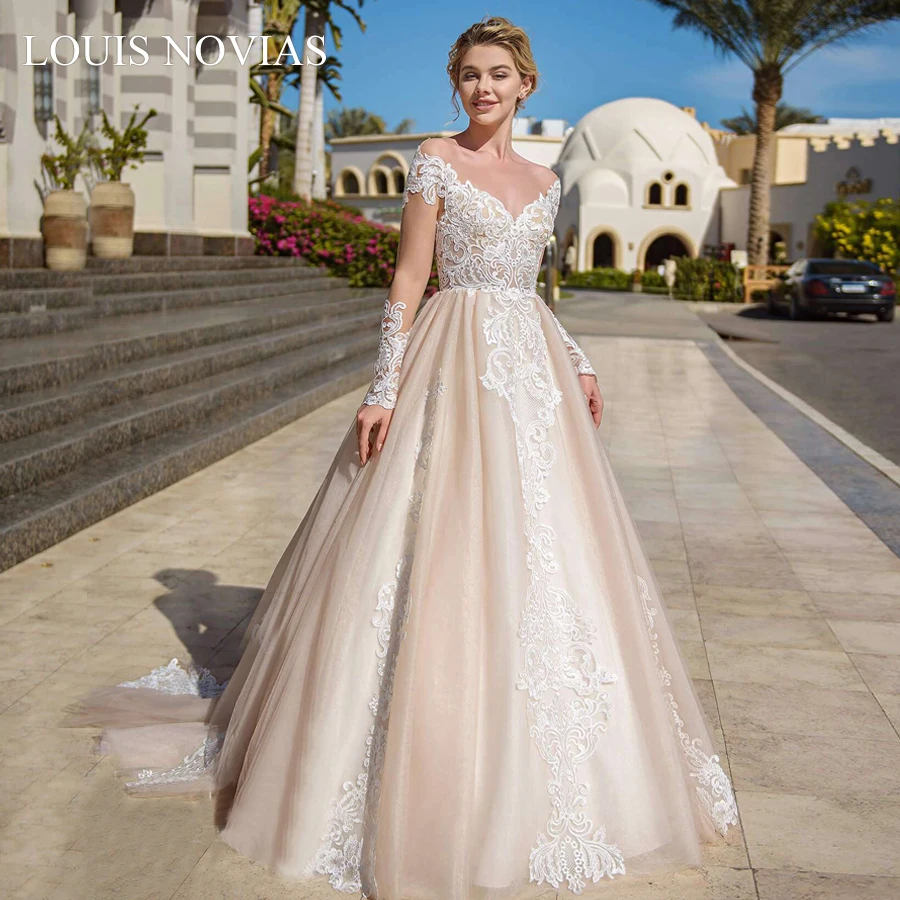 

Louis Novias With Sleeves Deep V-neckline Sweep Brush Train Backless Chiffon with Embroidery Invisible Court Dream Wedding Dress