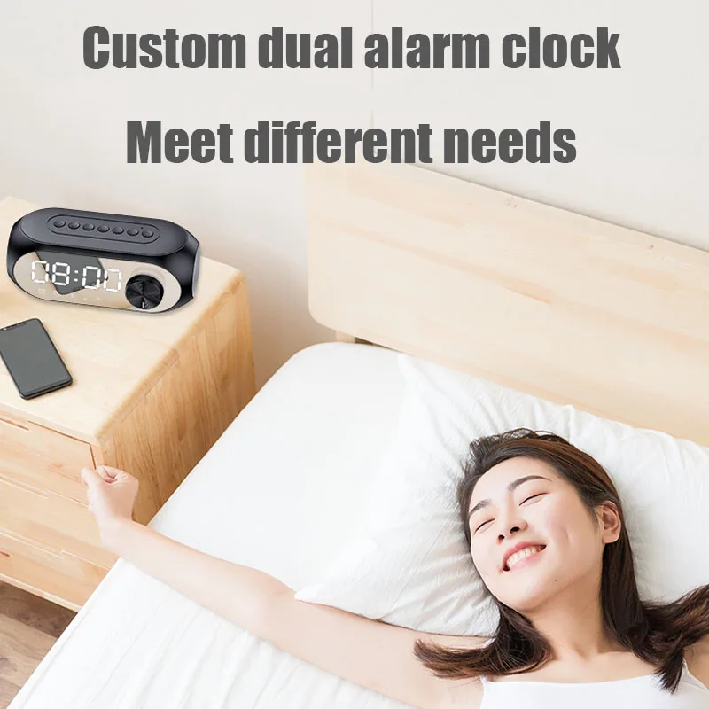 Receptor de Radio FM portátil, Altavoz Bluetooth, reproductor de música de sonido envolvente, luz LED nocturna con despertador, soporte de manos libres