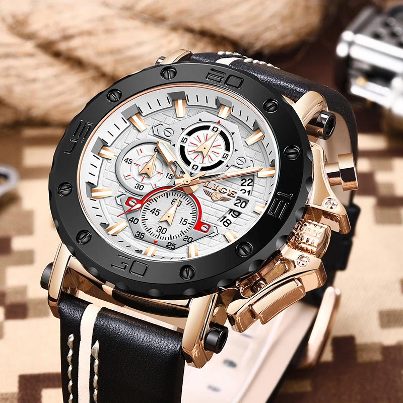 LIGE Top Brand Luxury Quartz Man Watch Fashion Sport Leather Watches for Men Date Waterproof Clock Chronograph Relogio Masculino