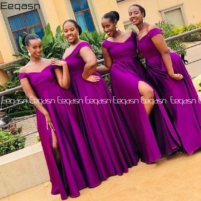 

Simple Purple Long A-line Bridesmaid Dresses With Split Customize Women Satin Wedding Party Dress Formal Vestidos