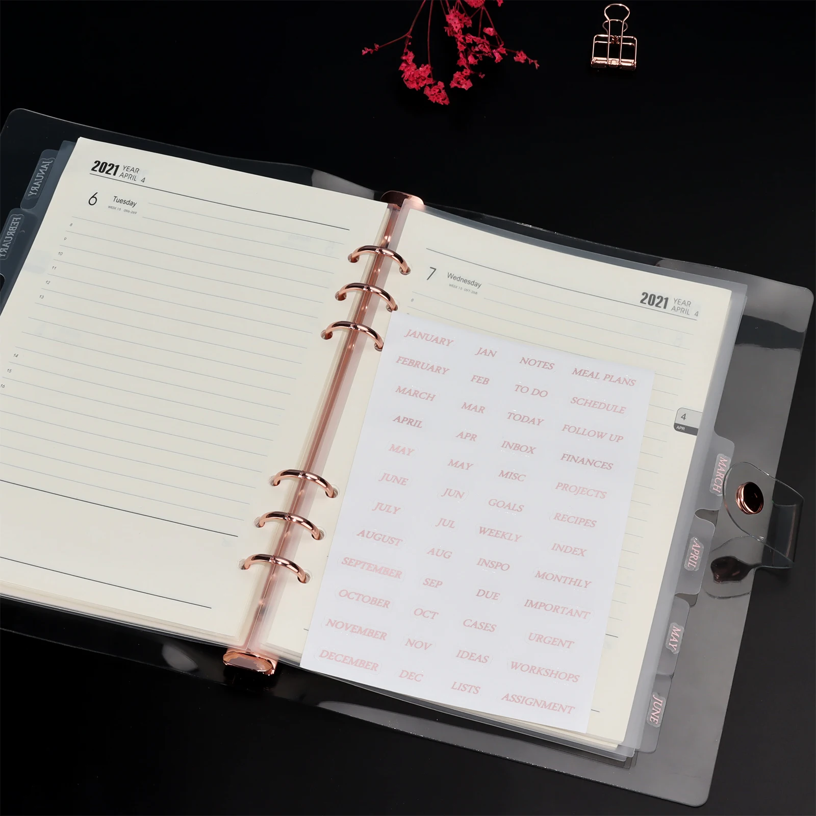 A5 Transparant Wit 6 Oren 6 Gaten Divider Met Rose Gold Sticker Note Maand Plan Index Divider (2Set + 1 Sticker)