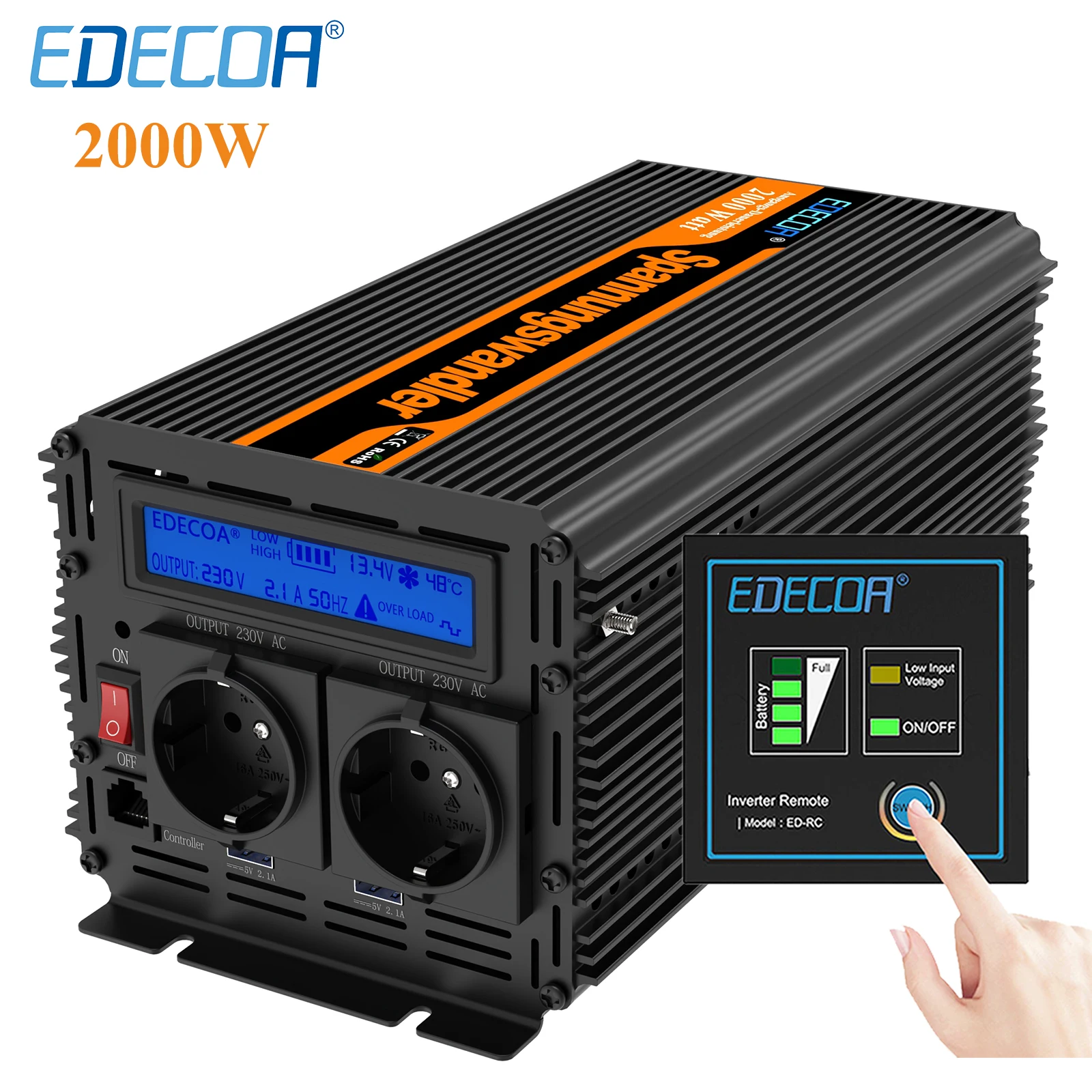 Edecoa 2000W  Modified Sine Wave Converter Dc 12v 24v To Ac 220v 230v Off Grid Sine Wave Power Inverter 2000W