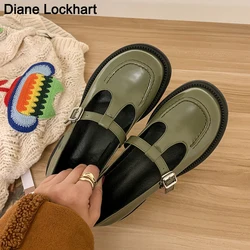 Women Flat Pumps Girl Student Shoes Lady T Strap Shinny Patent Leather Green Round Toe Flats Spring Leisure Mary Jane shoe 40