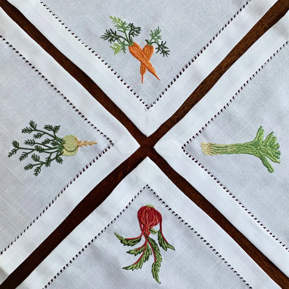 @Vegetable Napkins Hemstitched Embroidery, Linen+Cotton Table Decor, Beetroot, Fennel, Carrot,Home/Airbnb/Banquets/Hotel