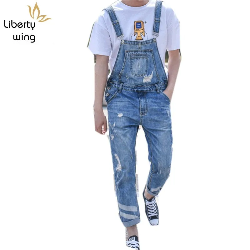 

Harajuku Big Boy Slim Fit Hole Overalls One Piece Mens Ripped Cargo Jeans Retro Washed Denim Jumpsuits Pockets Hombre Trousers