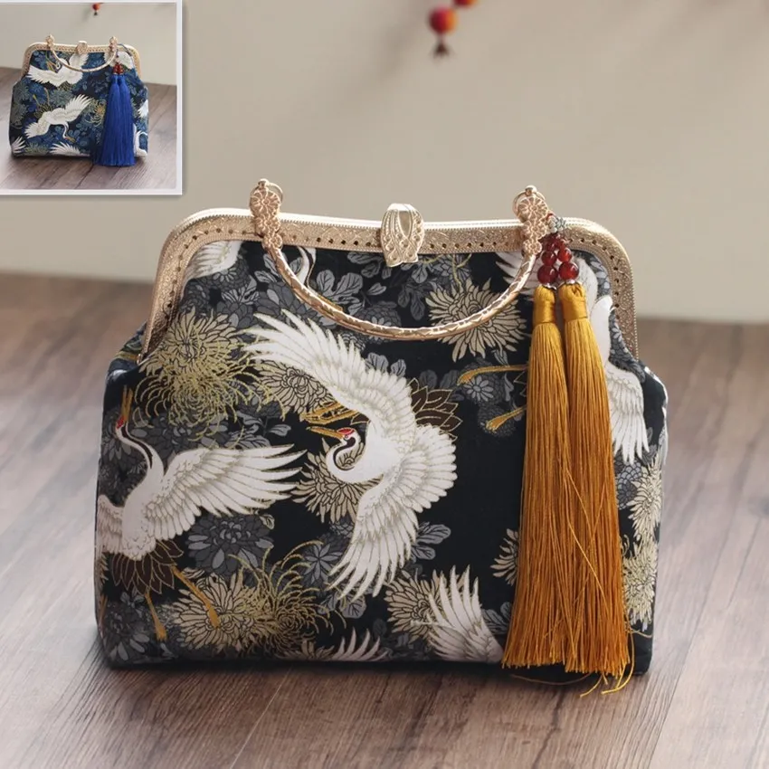 2 Colour DIY Handbag for Women Crane Embroidery Tassels Vintage Elegant Fashion Asian Traditional Style Mini Decoration Purse