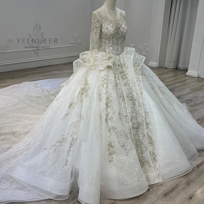 Yeenueer ลูกไม้ Appliques งานแต่งงานชุดยาว Vestidos De Novia 2021สีขาว O-Neck ปริ๊นเซเจ้าสาวงานแต่งงาน Gowns