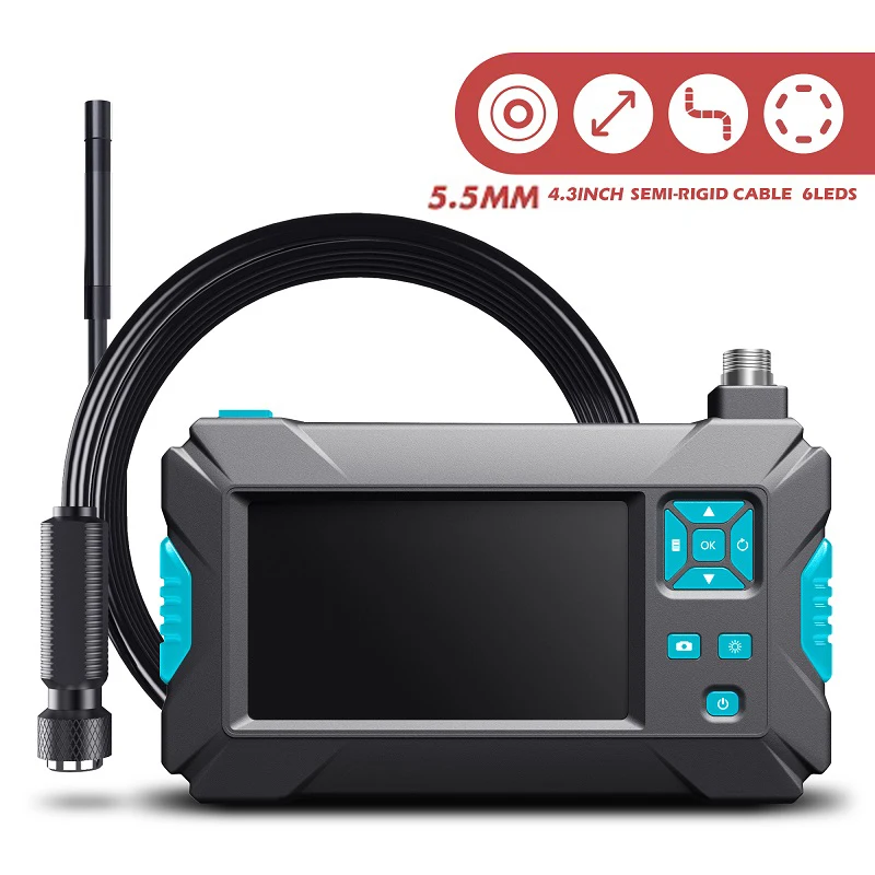 

Handheld screen endoscope camera 5.5mm semi-rigid cable Inspection endoscope 2.0 mp serpentine camera HD 4.3 inch display