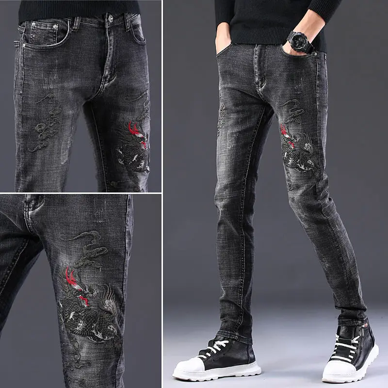 

2020 New Trend Embroidered Jeans Men's Straight Slim Stretch Hole Patch Pants high quality men black demin jeans-ker