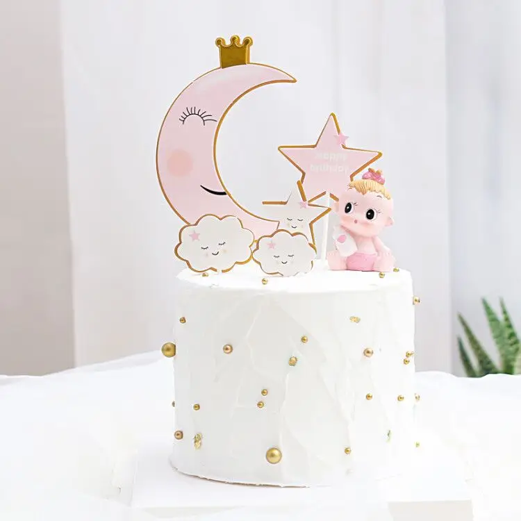 Clouds Cake Topper Happy Birthday Cupcake Topper Moon Crown Party Dessert Wedding Decoration Baby Shower Baking Supplies DIY New