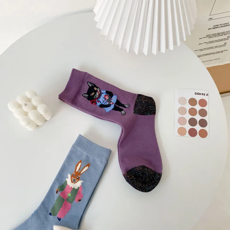 Chaussettes mi-mollet en coton pour femmes, design coréen, chat mignon, personnalité de lapin, nouveauté drôle, femme, AB, SLaura, rel