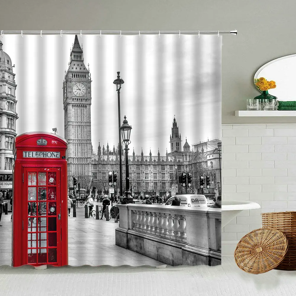 London Big Ben Red Telephone Booth Retro Shower Curtain Urban Scenery Waterproof Polyester Screen Home Decoration With Hook Set