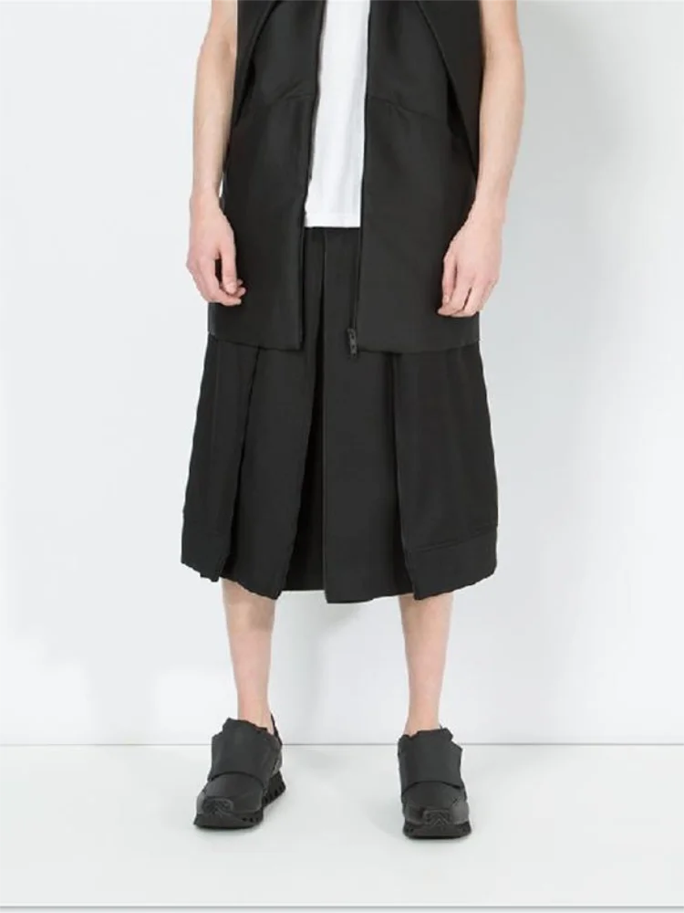 Spring/summer men's new multi-layer loose culottes youth fashion trend solid color skirt bottom wide skirt side zipper