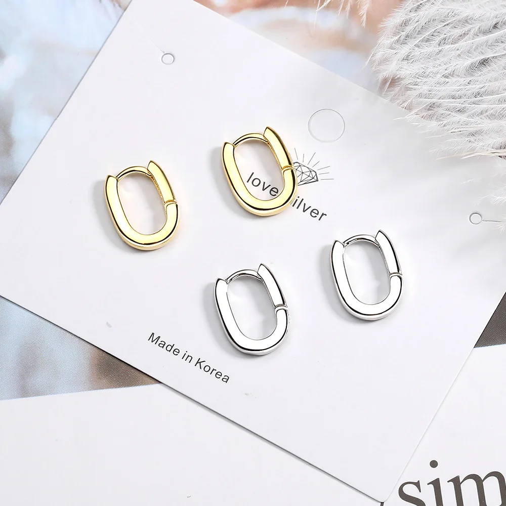 Simple Design Geometric Rectangle Ear Buckle Silver Color Copper Metal Oval Shape Small Hoop Earrings For Women Party Jewelry