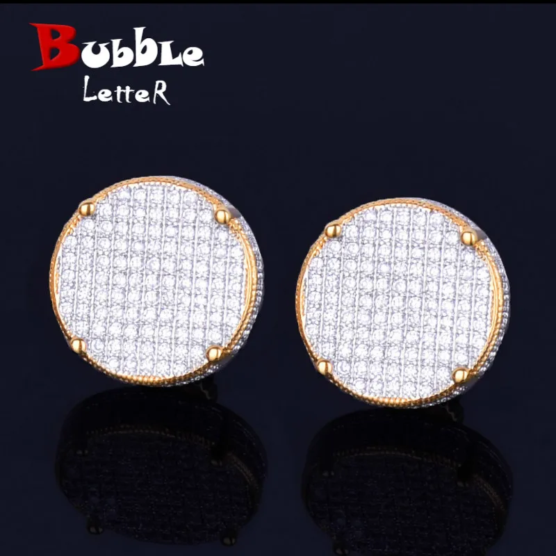 14MM Gold Color Big Round Stud Earring AAAA Cubic Zircon Screw Back Men\'s Earrings Fashion Hip Hop Jewelry