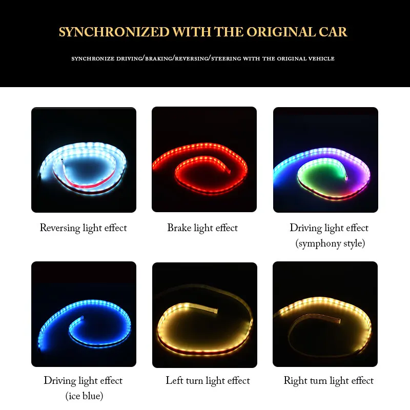 Car Rear Trunk Tail Light 120cm Colorful Dynamic Reverse Warning LED Strip 12v Auto Additional Brake Follow Turn Signal Lamp