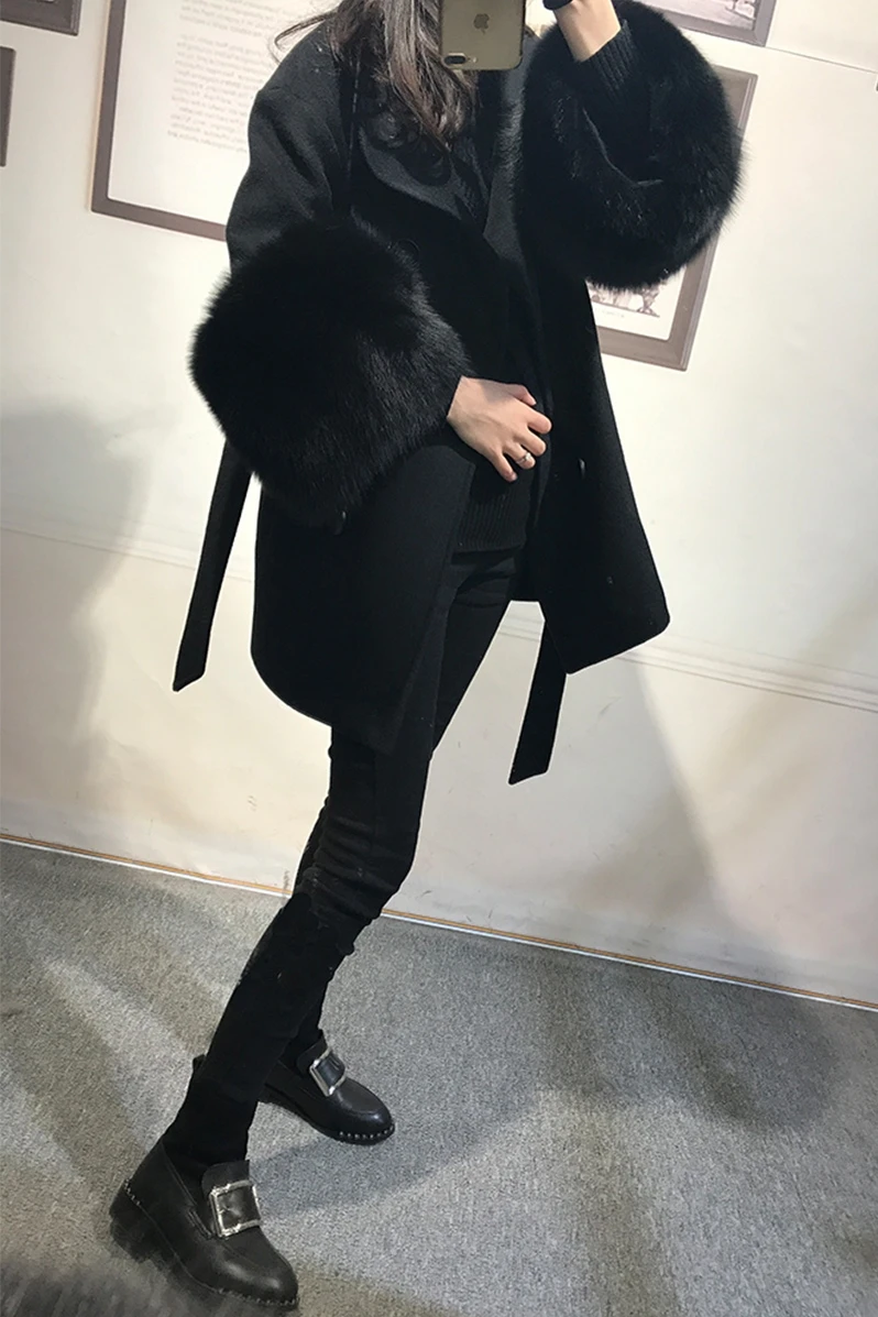 Genuine Fox Fur Women High Quality Double Faced Wool Cashmere Coat Irregular Sleeve Black Color 2019 Female Winter Woolen Coat