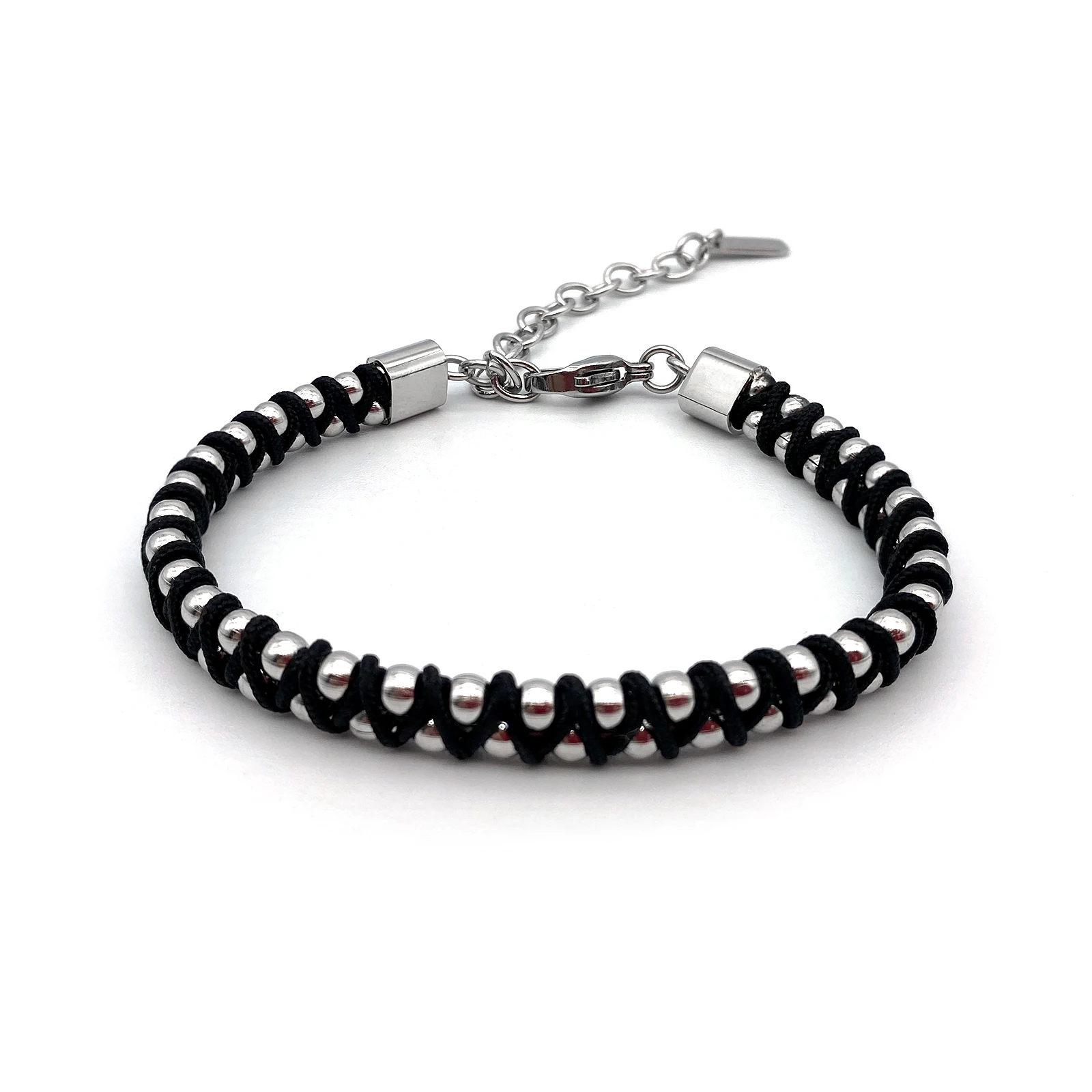 Runda-pulsera trenzada para hombre y mujer, brazalete con cuentas de acero inoxidable, cuerda negra, tamaño ajustable, 22cm, hecho a mano