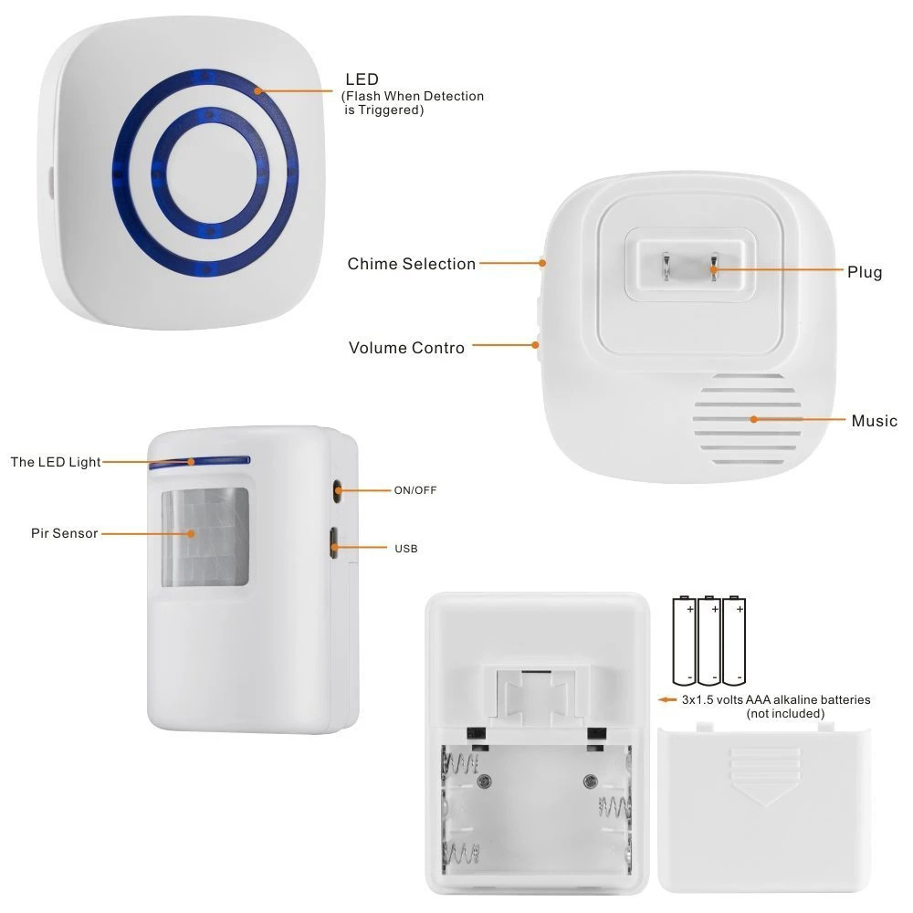 Motion Sensor Alarme sem fio para uso interno, Alarme Driveway, 38 Chime Tunes, Indicadores LED, Home Security, Negócios Detectar, Alerta