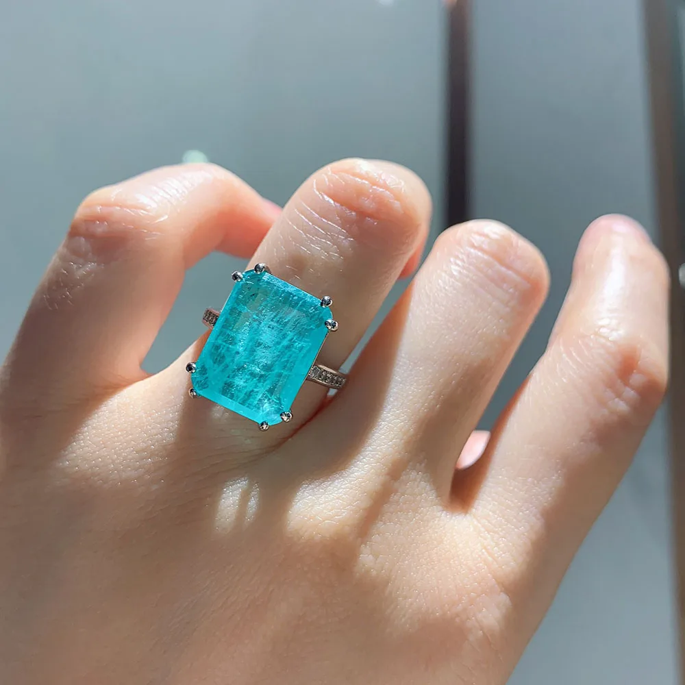 Charms Big Gemstone Women\'s Ring 12*16 Paraiba Tourmaline Topaz Party Wedding Bands Jewelry Female Anniversary Gift Accessories