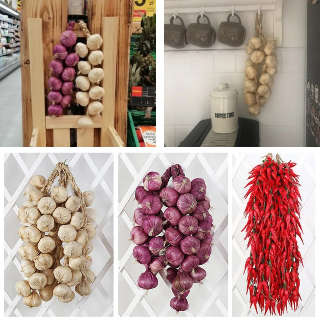 Artificial Vegetable Fake Chilli Pepper Garlic Bunch Hanging Ornaments for Home Kitchen Restaurant Decoration Photography Props